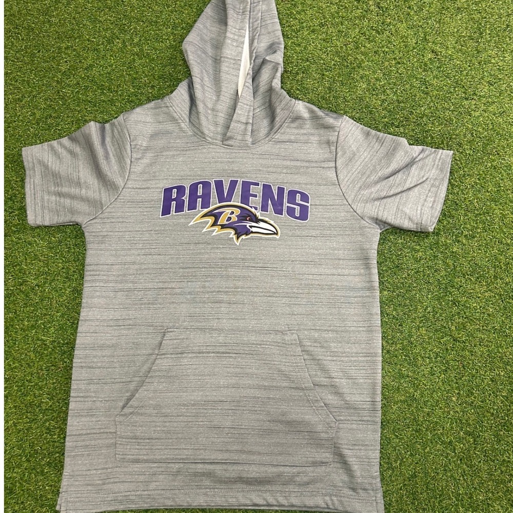 Baltimore Ravens Men's Medium Gray Short Sleeve Hoodie Heathered Space Dye Top
